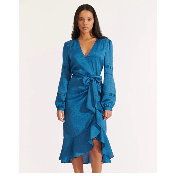VERONICA BEARD Miriam Midi Dress Size 10 Blue Animal Print Ruffle **No Belt - Picture 1 of 12
